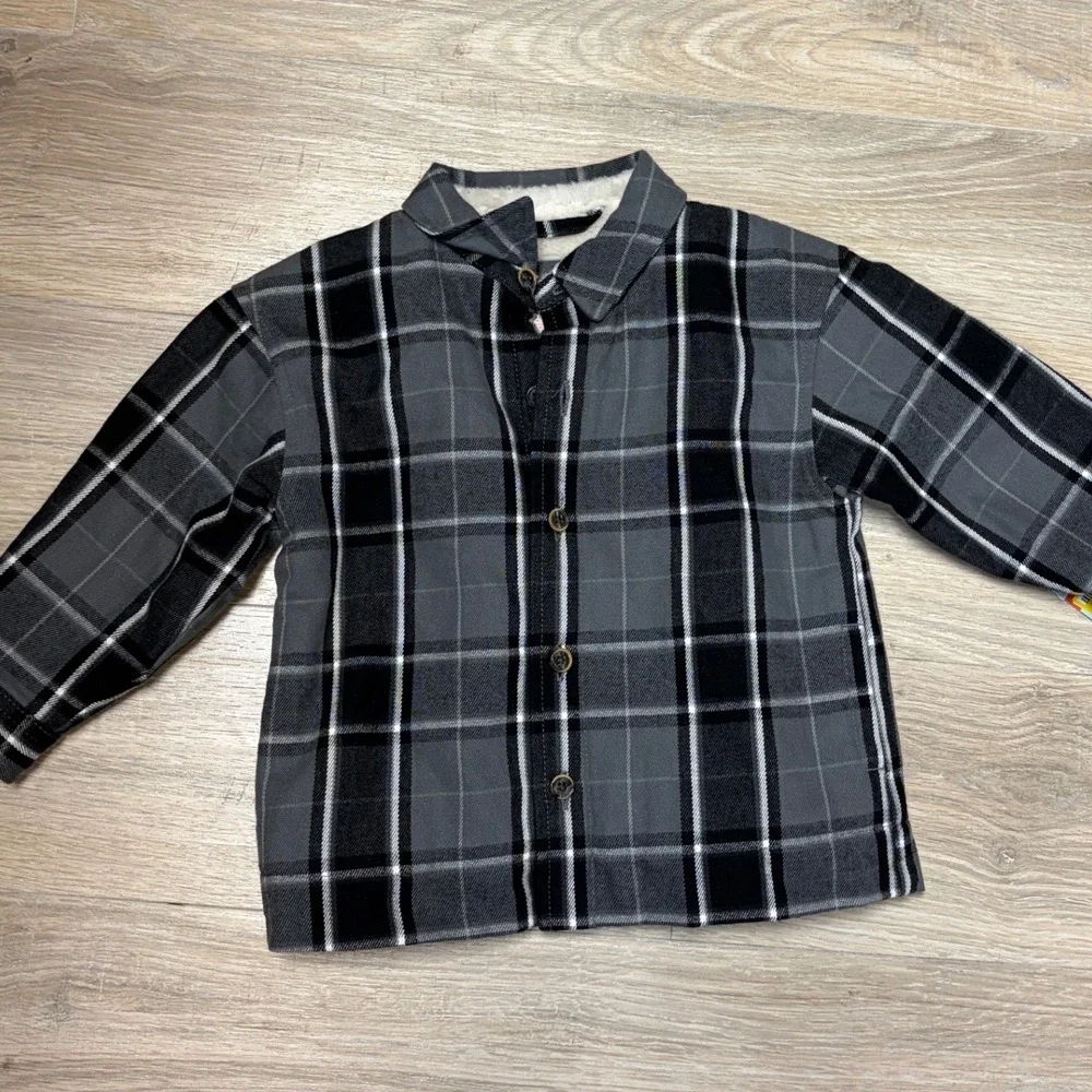 Cat & Jack Gray Black Plaid Faux Shearling Lined Flannel Shirt Jacket Kids 18M‎